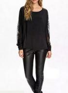 Oasap Round Neck Batwing Sleeve Lace Panel Tee Shirt