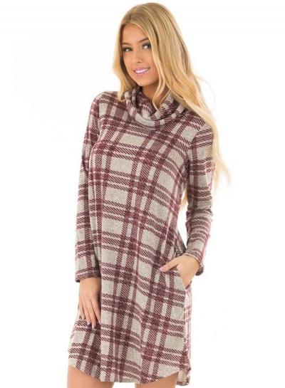 Oasap Long Sleeve Cowl Neck Plaid Mini Dress With Pockets