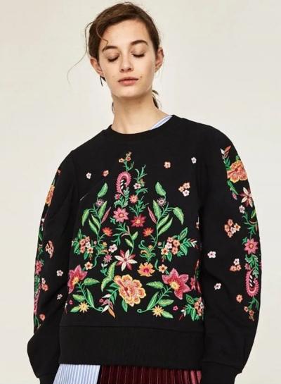 Oasap Floral Embroidered Long Sleeve Pullover Sweatshirt