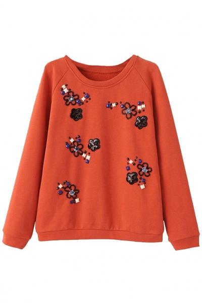Oasap Beaded Sequined Floral Sweatshirt