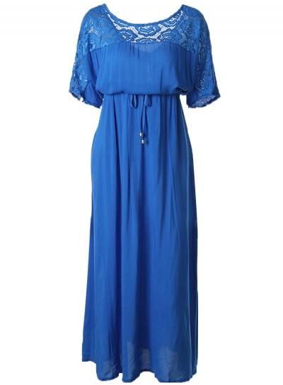 Oasap Women's Lace Chiffon Patchwork Drawstring Waist Maxi Dress