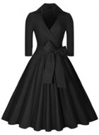 Oasap V Neck 3/4 Sleeve Bow Waist A-line Midi Dress