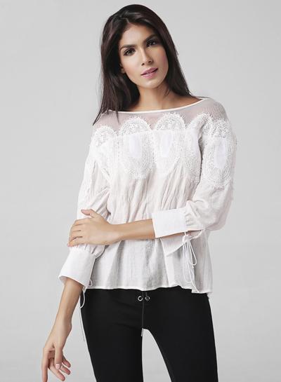 Oasap 3/4 Sleeve Lace Panel Pullover Blouse