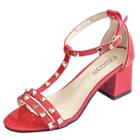 Oasap Peep Toe Rivet T-strap Block Heels Sandals