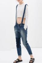Oasap Chic Wash Denim Distressed Cropped Overall Pants