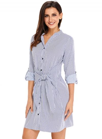 Oasap Casual Long Sleeve Stripe Tie Waist Shirt Dress