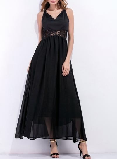Oasap V Neck Sleeveless Lace Panel Maxi Evening Dress