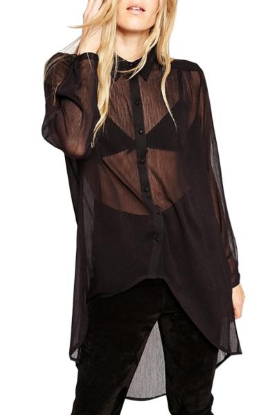 Oasap Women's Fashion Black Irregular Hem Button Down Sheer Shirt
