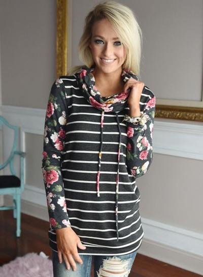 Oasap Cowl Neck Floral Stripe Pullover Sweatshirt
