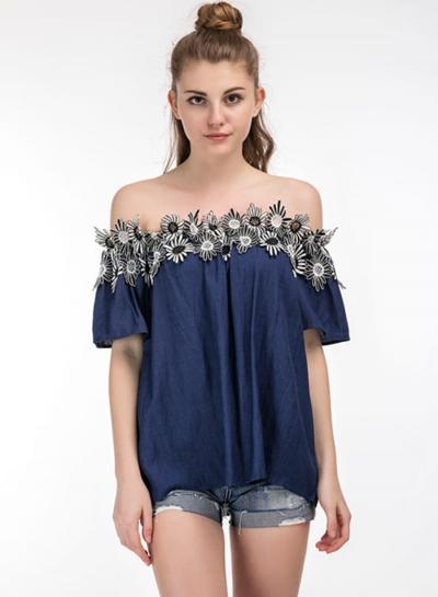 Oasap Off Shoulder Lace Crochet Loose T-shirt