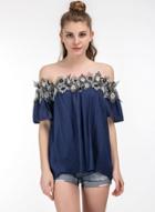 Oasap Off Shoulder Lace Crochet Loose T-shirt