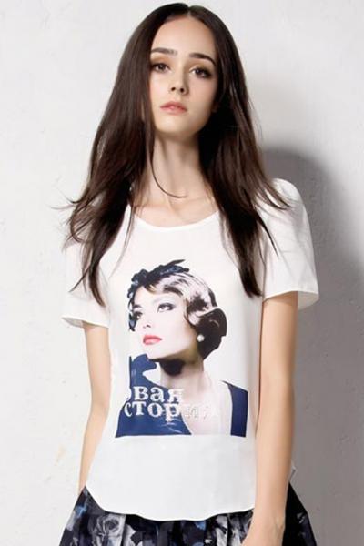 Oasap Sweet Portrait Print Short Sleeve Blouse
