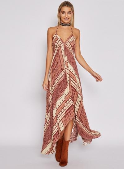 Oasap Bohemian Spaghetti Strap V Neck Sleevless Pattern Print Maxi Dress