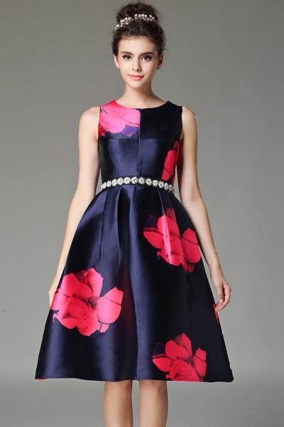 Oasap Elegant Rhinestone Decor Floral Print A-line Dress