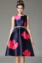 Oasap Elegant Rhinestone Decor Floral Print A-line Dress