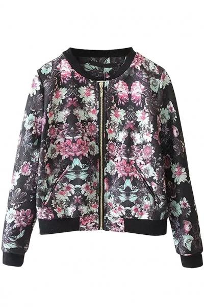 Oasap Floral Graphic Black Bomber Jacket