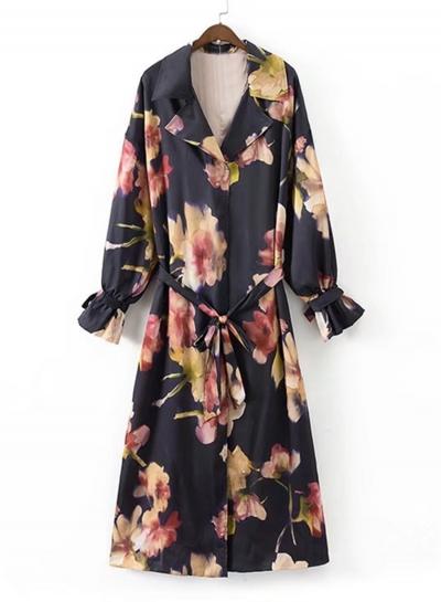 Oasap Turn-down Collar Flare Sleeve Floral Print Trench Coat