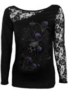 Oasap Halloween Lace Long Sleeve Floral Skull Pullover Tee