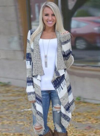 Oasap Long Sleeve Open Front Color Block Irregular Knit Cardigan