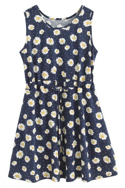 Oasap Sunflower Print Sleeveless Drawstring Mini Dress
