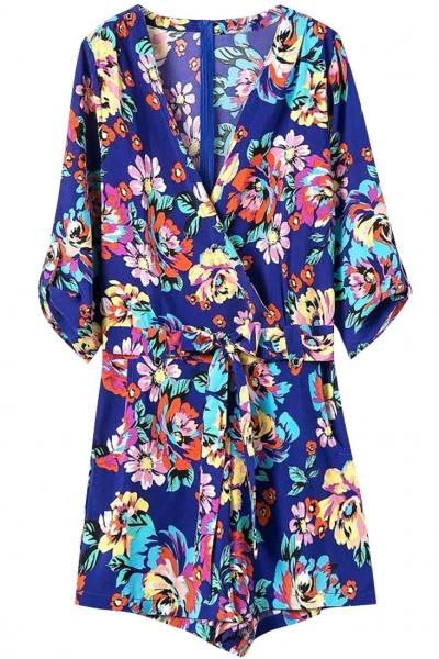 Oasap Belted Floral Print Surplice Romper