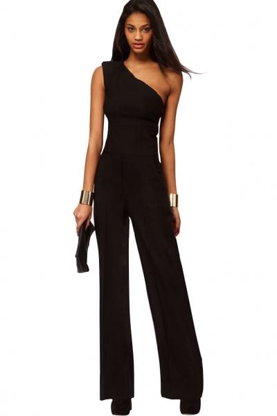 Oasap Black One-shoulder Wide Leg Jumpsuit
