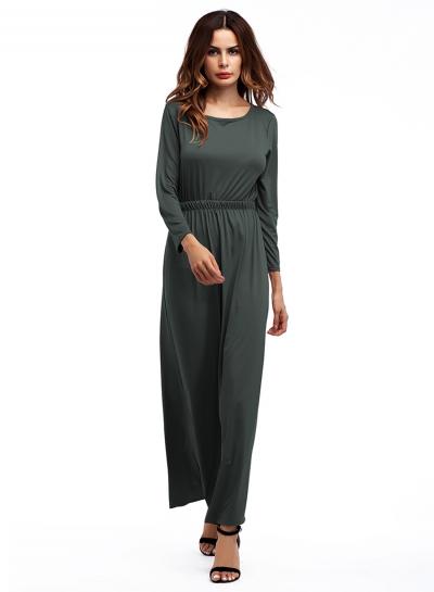 Oasap Elegant Solid Long Sleeve Elastic Waist Maxi Dress