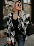 Oasap Long Sleeve Open Front Turn-down Collar Plaid Coat