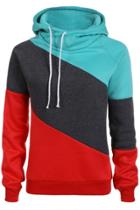 Oasap Color Block Funnel Neck Drawstring Hooded Sweatshirt