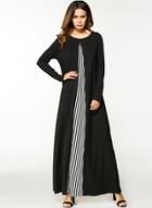 Oasap Round Neck Long Sleeve Striped Splicing Maxi Dress