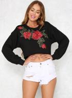 Oasap Round Neck Floral Embroidery Pullover Short Sweatshirt