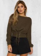Oasap Casual Solid Long Sleeve Lace-up Waist Knit Sweater