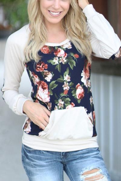 Oasap Floral Printing Front Pocket Round Neckline Sweatshirt