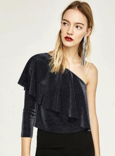 Oasap Fashion One Shoulder Ruffled Crop Top
