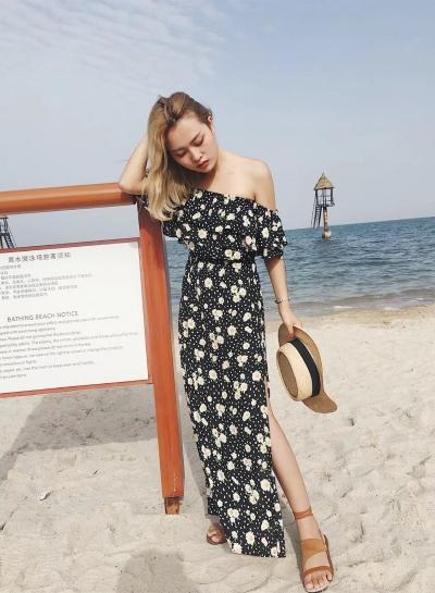Oasap Slash Neck Sunflower Print Maxi Dress