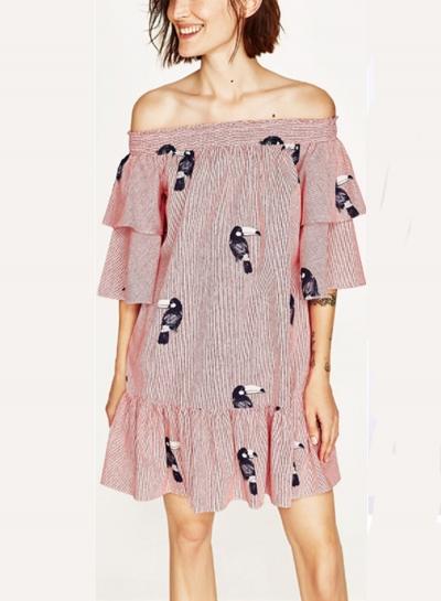 Oasap Slash Neck Bird Print Stripped Dress