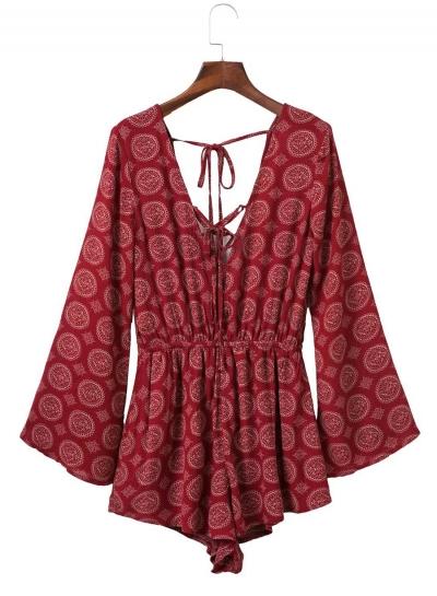 Oasap V Neck Elastic Waist Backless Print Romper