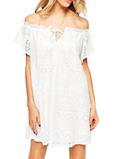 Oasap Women's Slash Neck Floral Crochet Lace Short Sleeve Mini Dress
