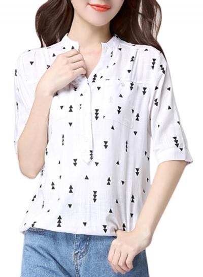 Oasap Women's Stand Collar Half Sleeves Geometric Print Blouse