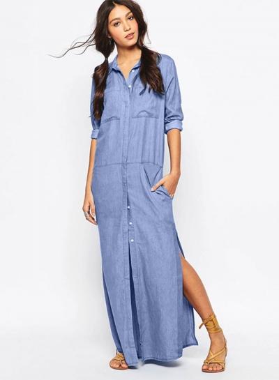 Oasap Fashion Long Sleeve Slit Maxi Denim Shirt Dress