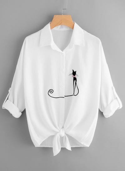 Oasap Turn Down Collar Long Sleeve Cat Embroidery Shirts