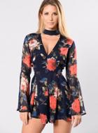 Oasap Fashion Floral Printed High Waist Flare Sleeve Deep V Neck Jumpsuits