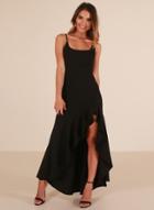Oasap Flounce Spaghetti Strap High Waist Slit Round Neck Evening Dress