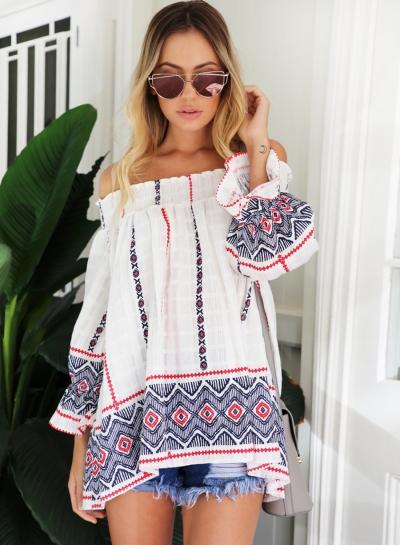 Oasap Off Shoulder Long Sleeve Floral Printed Blouses