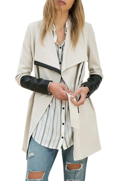 Oasap Women Color Block Pu Leather Paneled Open Front Belted Trench Coat
