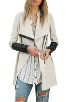 Oasap Women Color Block Pu Leather Paneled Open Front Belted Trench Coat