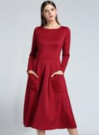 Oasap Solid Color Round Neck Long Sleeve Midi Dress With Pocket