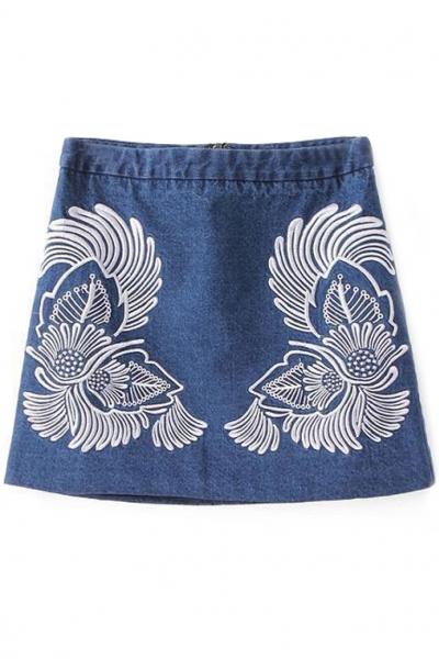 Oasap Blue Tribal Pattern Denim Skirt