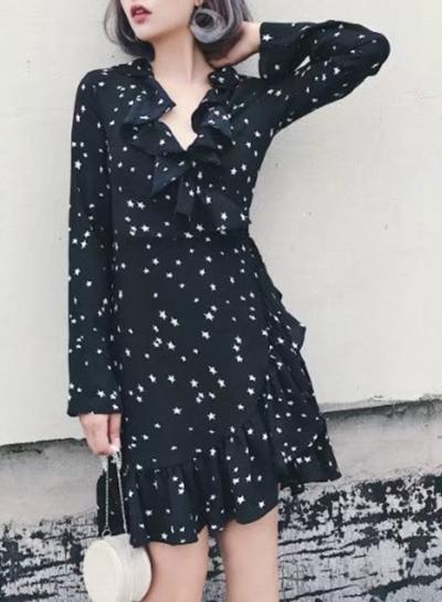 Oasap Star Print Ruffle Tie Waist Wrap Mini Dress