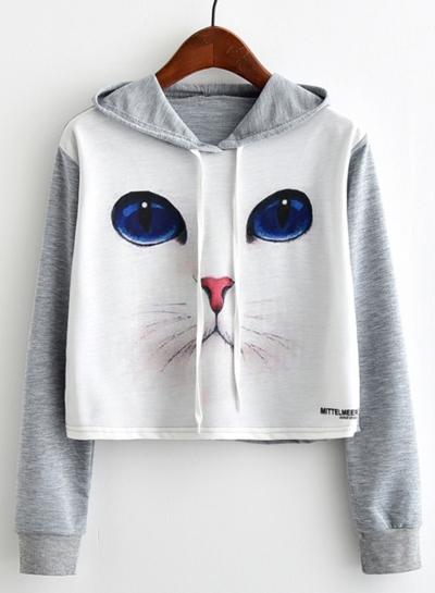 Oasap Cat Printed Long Sleeve Crop Top Hoodie